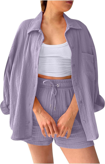 🔥Last day promotion🔥Women's Pleated Button Shirt Casual Suit（Top + vest + shorts）