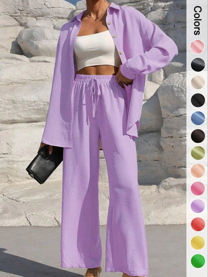 Women's Casual Button Front Shirt & Tie Front Pants Set