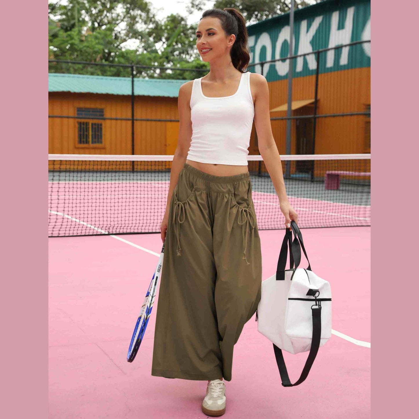 ⏰Hot Sale Women's Loose Wide Leg Track Pants Drawstring Pockets Elastic Waist Capri Hiking Pants