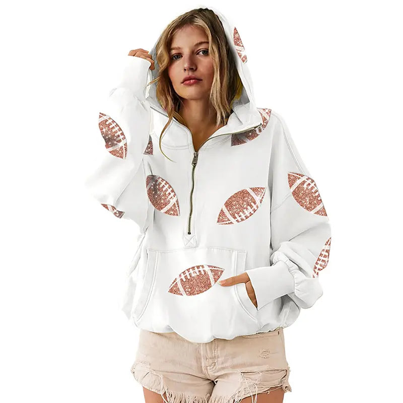 Women's Oversized Game Day Hoodie Casual Long‑Sleeve Half‑Zip Pullover with Sequin Football Print Kangaroo Pocket