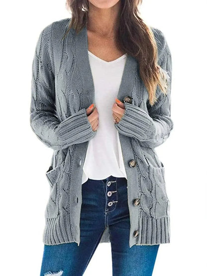 Women's Fall Casual Long Sleeve Button Down Open Front Cable Knit Cardigan
