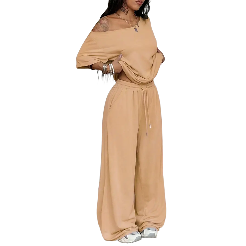 Women's Minimalist Off Shoulder T-Shirt & Wide Leg Pants Set