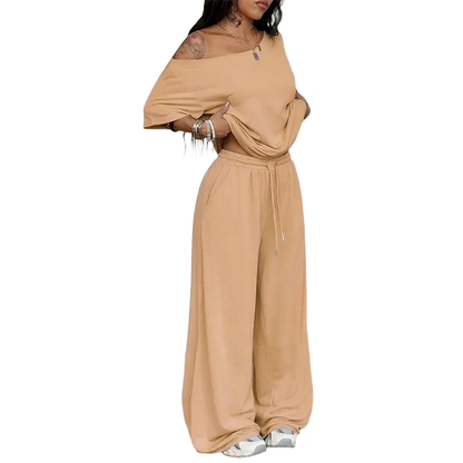 Women's Minimalist Off Shoulder T-Shirt & Wide Leg Pants Set