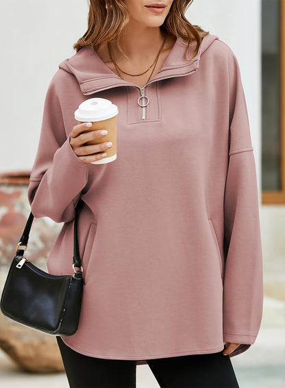 Women's Oversized Hoodies Casual Long Sleeve Half Zipper Pocket Sweatshirt Pullover Tops