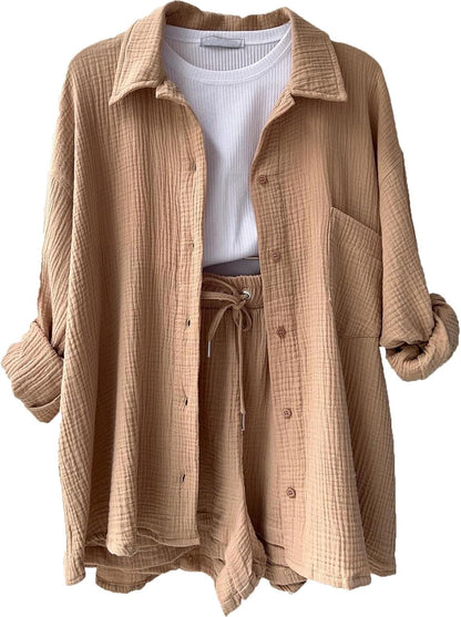 🔥Last day promotion🔥Women's Pleated Button Shirt Casual Suit（Top + vest + shorts）