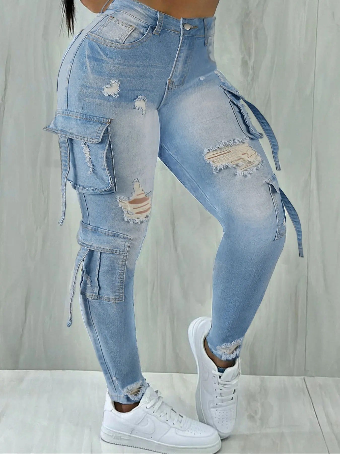 Y2K Womenswear Streetwear Multi-pocket Cropped Work Stretchy Skinny Cargo Denim Jeans Pants