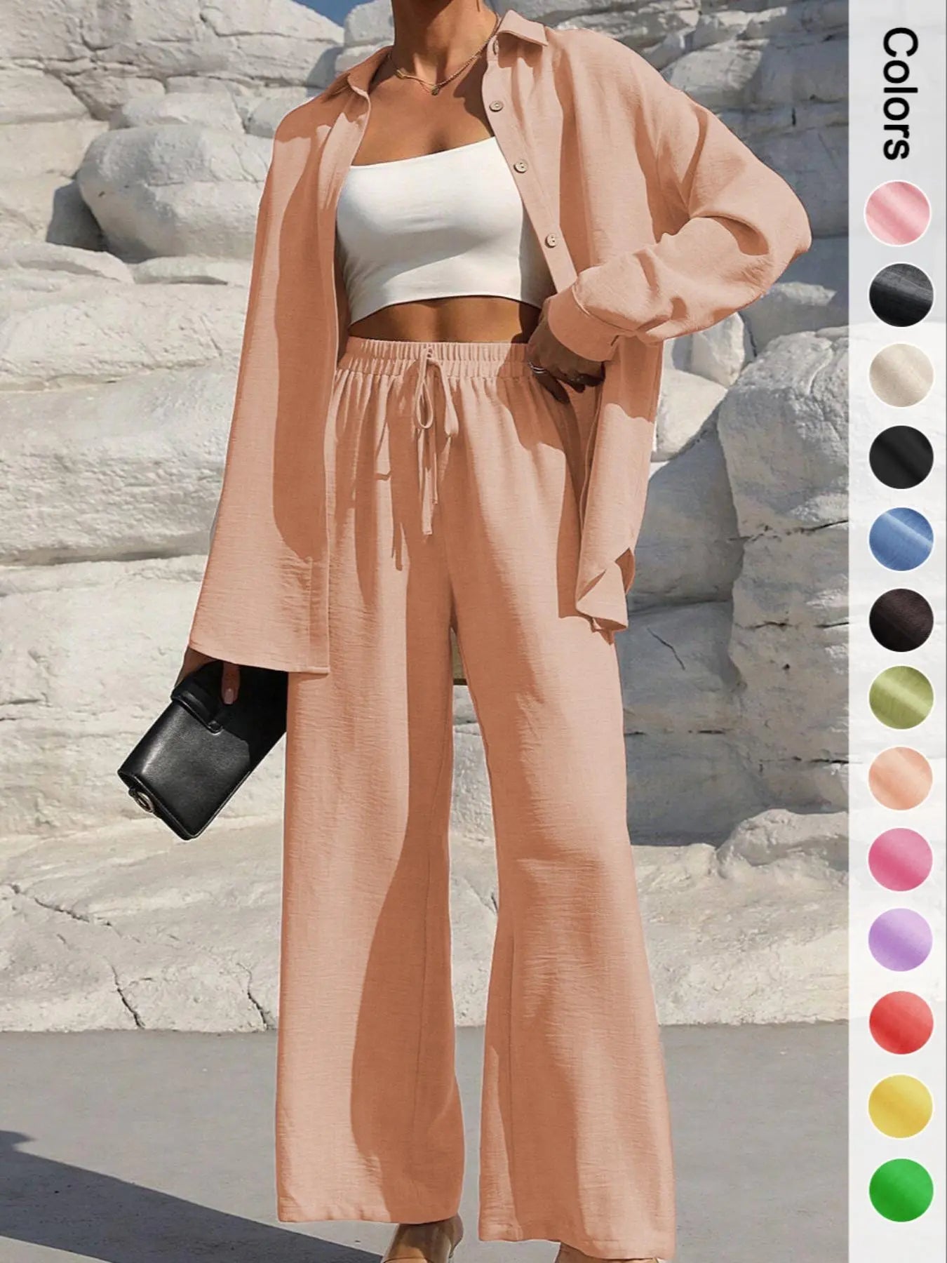 Women's Casual Button Front Shirt & Tie Front Pants Set