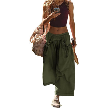 ⏰Hot Sale Women's Loose Wide Leg Track Pants Drawstring Pockets Elastic Waist Capri Hiking Pants