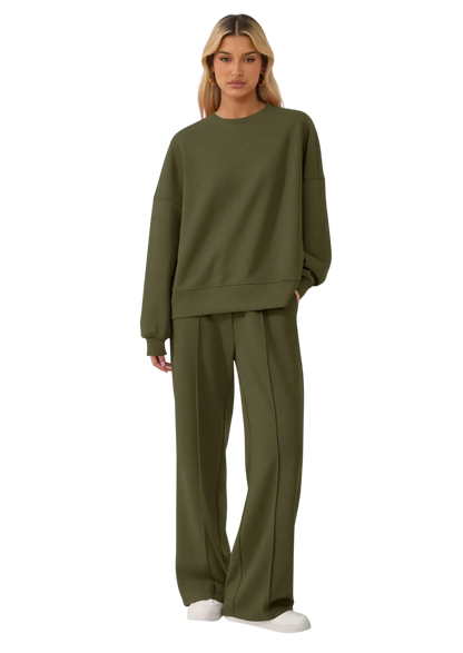 Women's Cozy Round Neck Top & Wide Leg Trousers Two Piece Outfits
