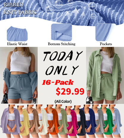🔥Last day promotion🔥Women's Pleated Button Shirt Casual Suit（Top + vest + shorts）