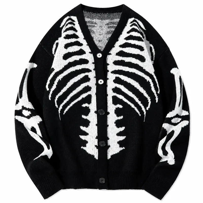 🎃Bestseller unisex Halloween knit cardigan. Skeleton print, button‐front V‐neck loose fit. Soft for spooky season & daily fall wear, multiple sizes available.🔥