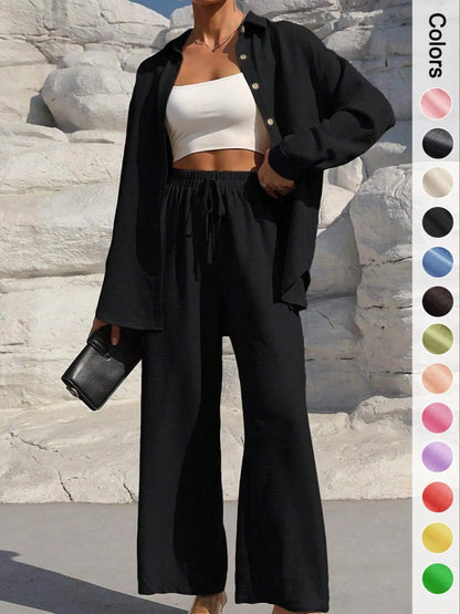 Women's Casual Button Front Shirt & Tie Front Pants Set