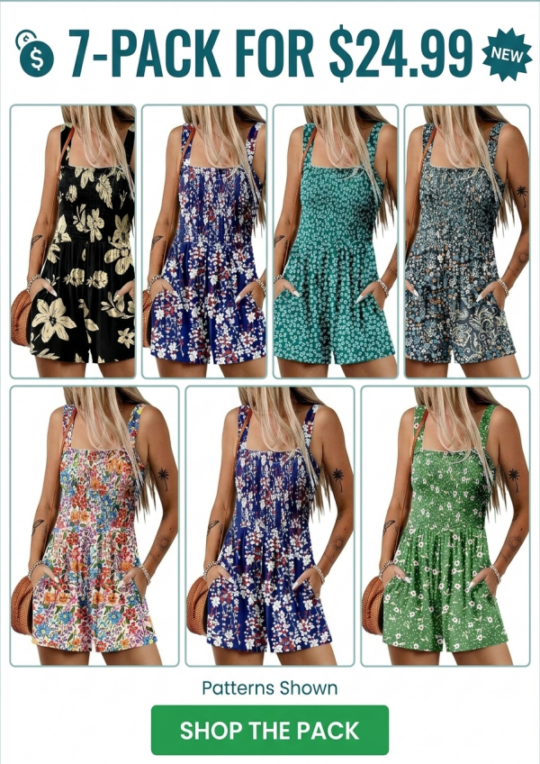 💃Women's Summer Square Neck Sleeveless Loose Casual Short Smocked Romper