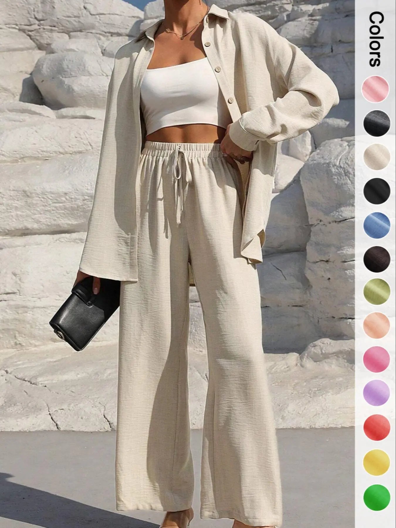 Women's Casual Button Front Shirt & Tie Front Pants Set