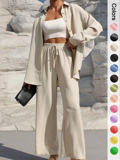 Women's Casual Button Front Shirt & Tie Front Pants Set