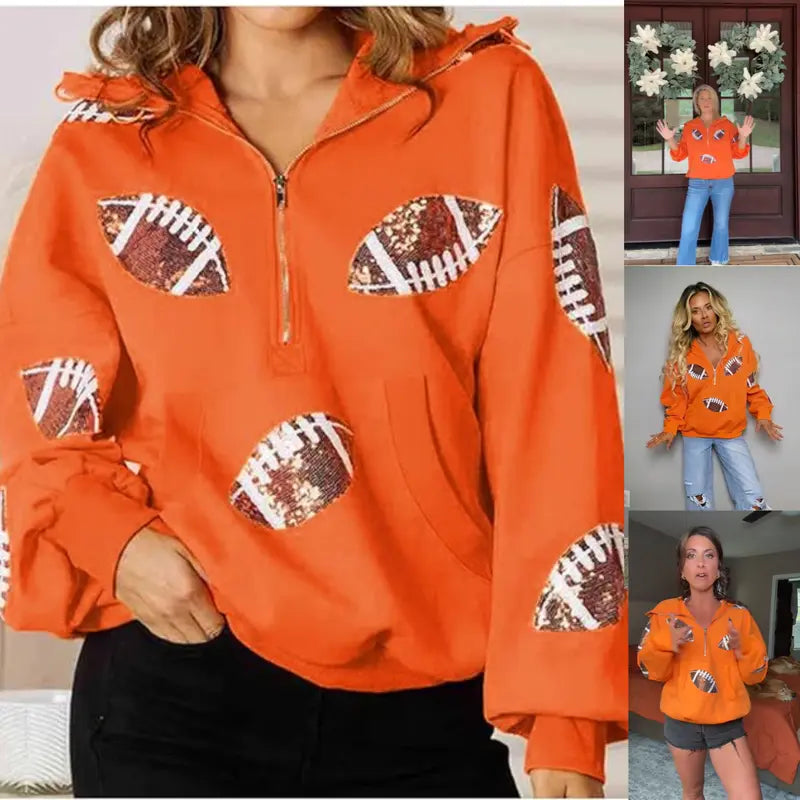 Women's Oversized Game Day Hoodie Casual Long‑Sleeve Half‑Zip Pullover with Sequin Football Print Kangaroo Pocket