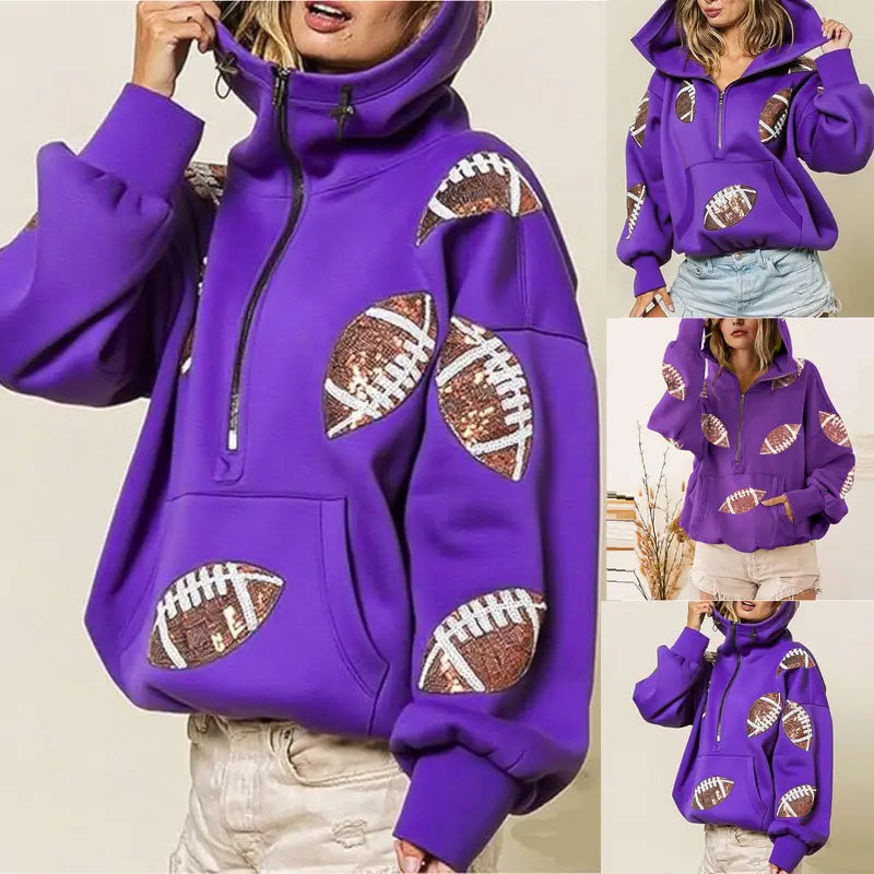 Women's Oversized Game Day Hoodie Casual Long‑Sleeve Half‑Zip Pullover with Sequin Football Print Kangaroo Pocket