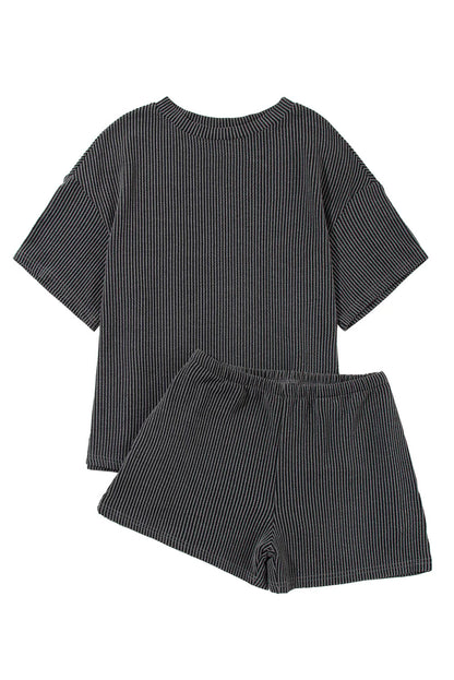 Women's Pocket Casual Short Sleeve T-shirt & Elastic Waist Shorts, Ribbed 2 Piece Sets