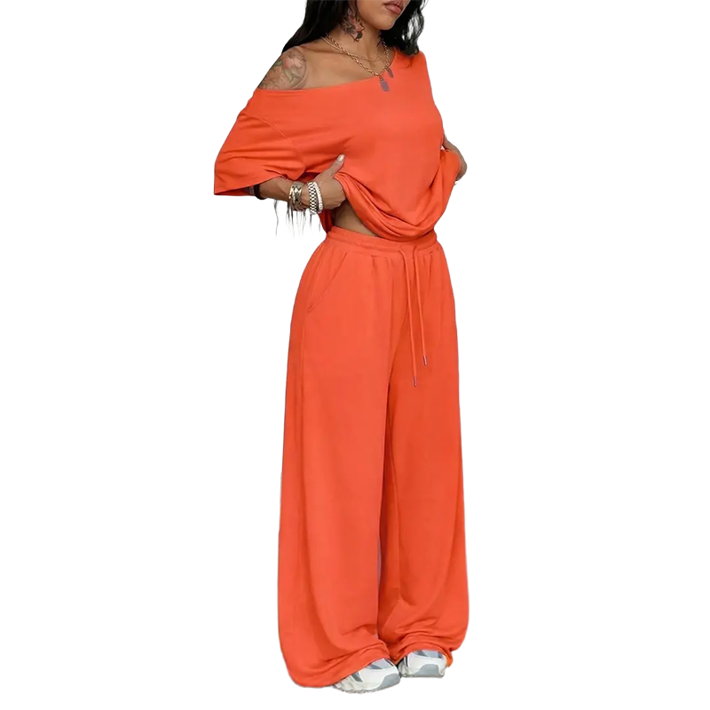 Women's Minimalist Off Shoulder T-Shirt & Wide Leg Pants Set