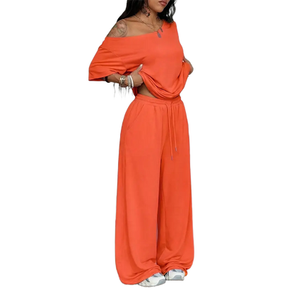 Women's Minimalist Off Shoulder T-Shirt & Wide Leg Pants Set