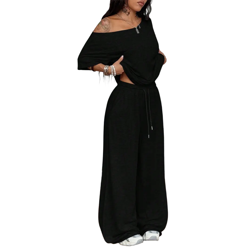 Women's Minimalist Off Shoulder T-Shirt & Wide Leg Pants Set