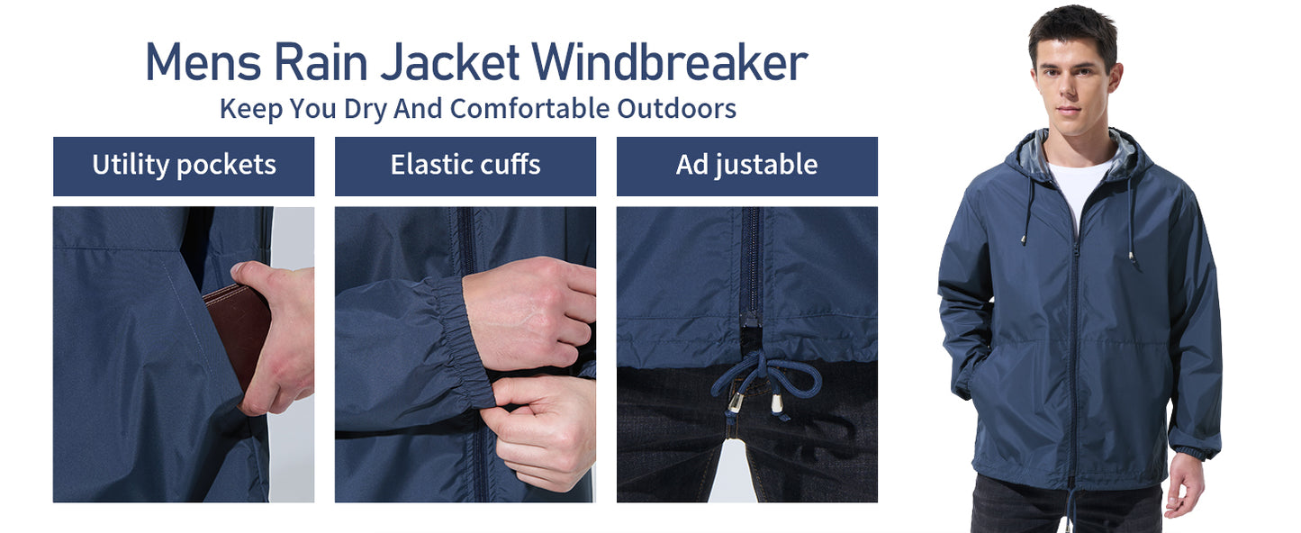 Men Waterproof Raincoat Windbreaker Lightweight Packable Rain Jacket
