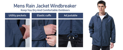Men Waterproof Raincoat Windbreaker Lightweight Packable Rain Jacket