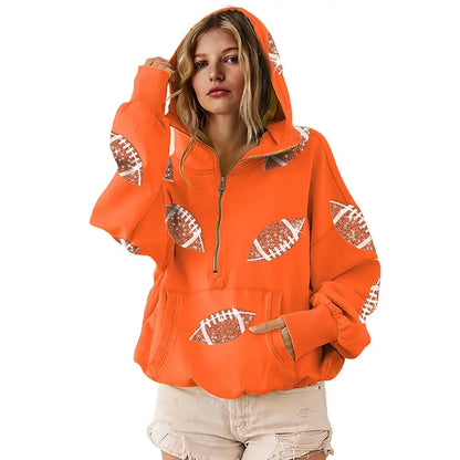 Women's Oversized Game Day Hoodie Casual Long‑Sleeve Half‑Zip Pullover with Sequin Football Print Kangaroo Pocket