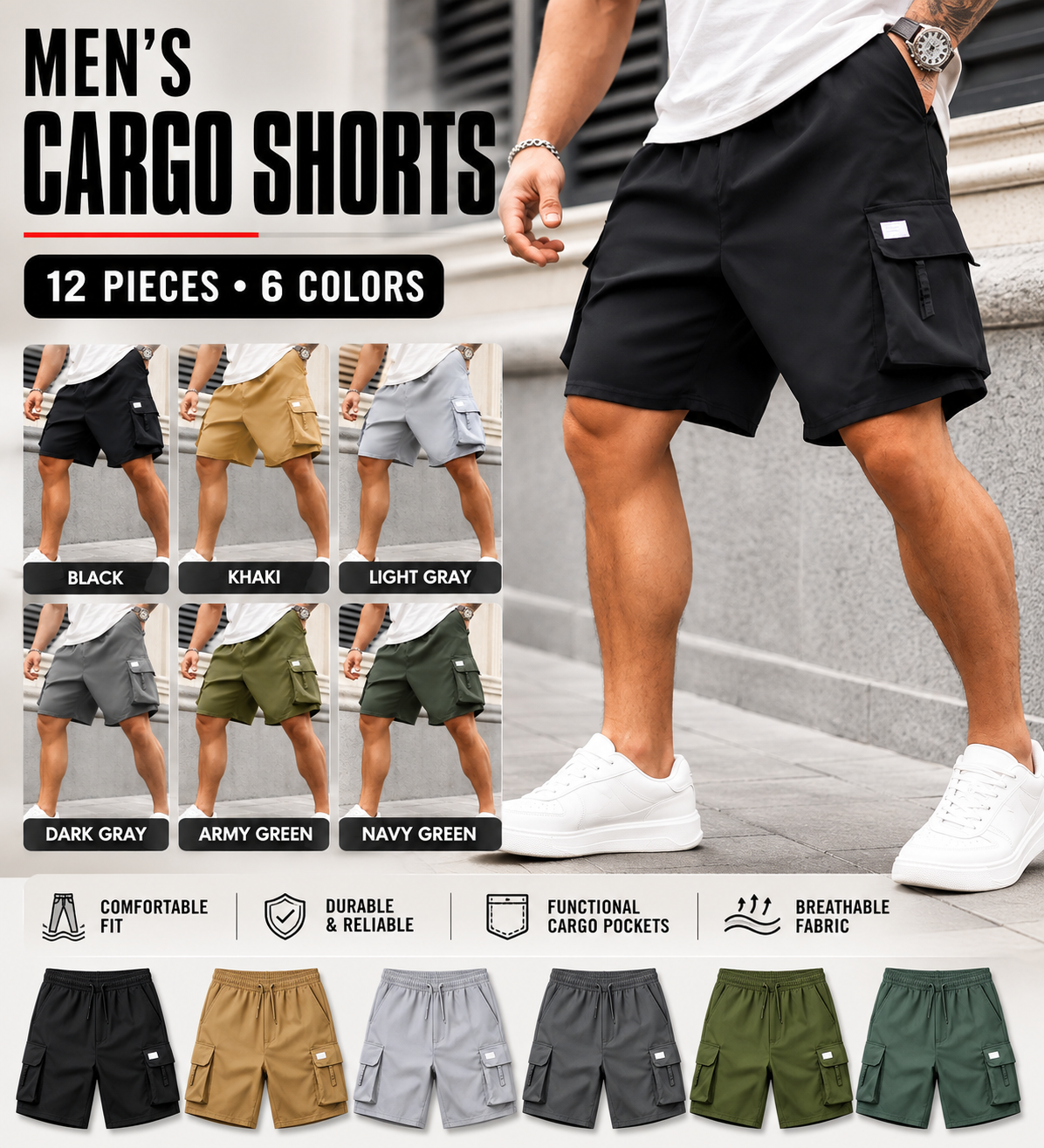 Men's Plus Size Cargo Shorts with Elastic Waist - All Seasons