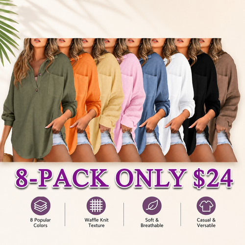 Women's Oversized Waffle Henley Shirt Button V-Neck Long Sleeve Mesh Knit Tunic Blouse