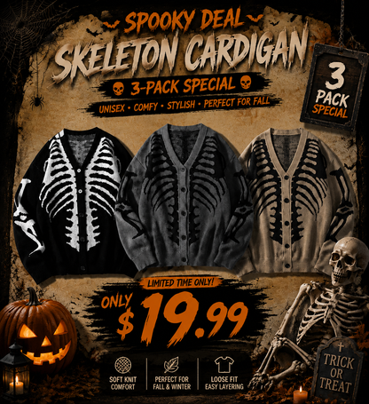 🎃Bestseller unisex Halloween knit cardigan. Skeleton print, button‐front V‐neck loose fit. Soft for spooky season & daily fall wear, multiple sizes available.🔥