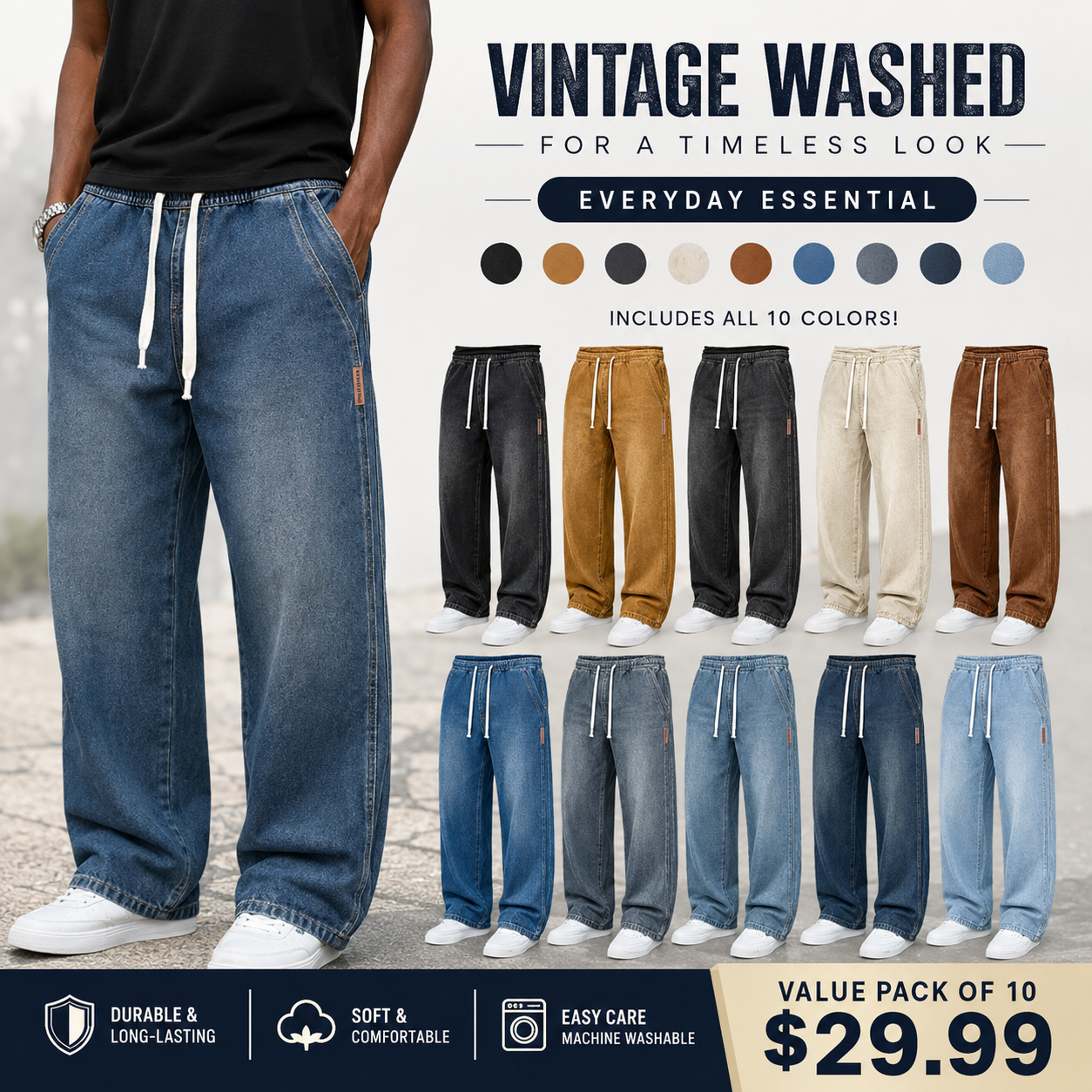 🔥Men’s Casual Stretch Vintage Straight-Leg Denim Jeans with Drawstring