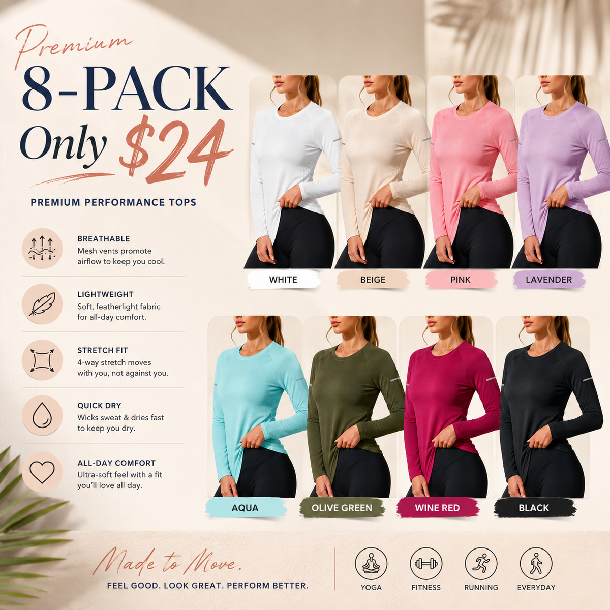Women’s Quick-Dry Long Sleeve Sports Tops, Breathable Lightweight Shirts for Running & Outdoor Activities