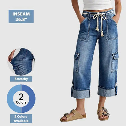 Drawstring Flap Pocket Roll Hem High Waist Straight Leg Crop Jeans