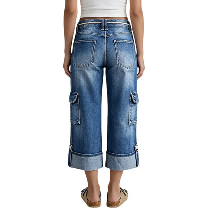 Drawstring Flap Pocket Roll Hem High Waist Straight Leg Crop Jeans