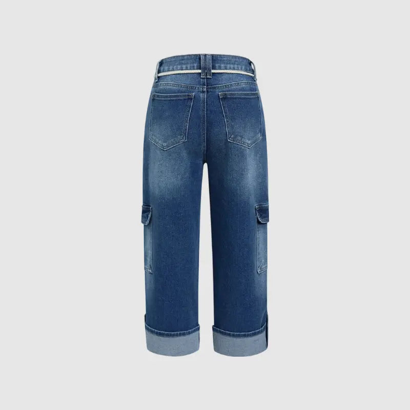 Drawstring Flap Pocket Roll Hem High Waist Straight Leg Crop Jeans