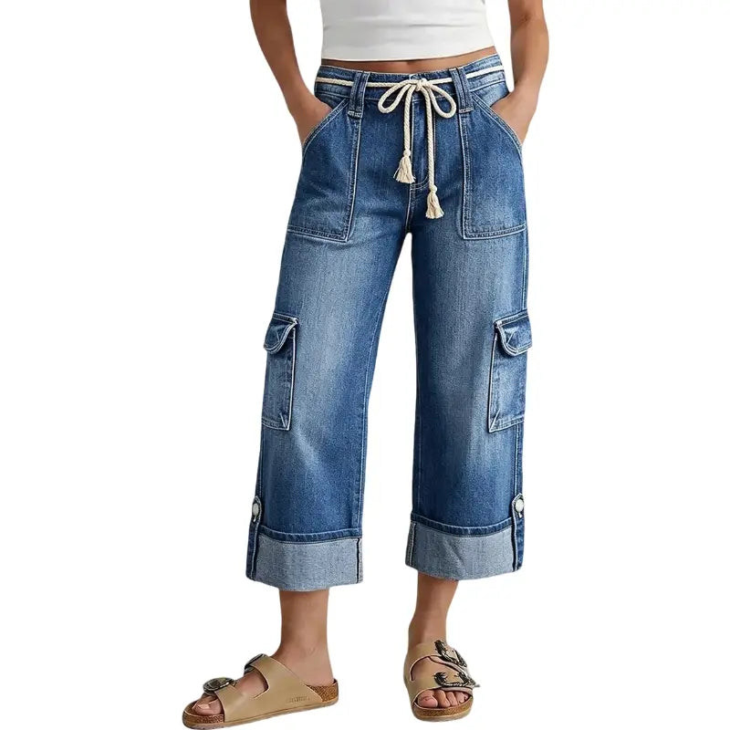 Drawstring Flap Pocket Roll Hem High Waist Straight Leg Crop Jeans