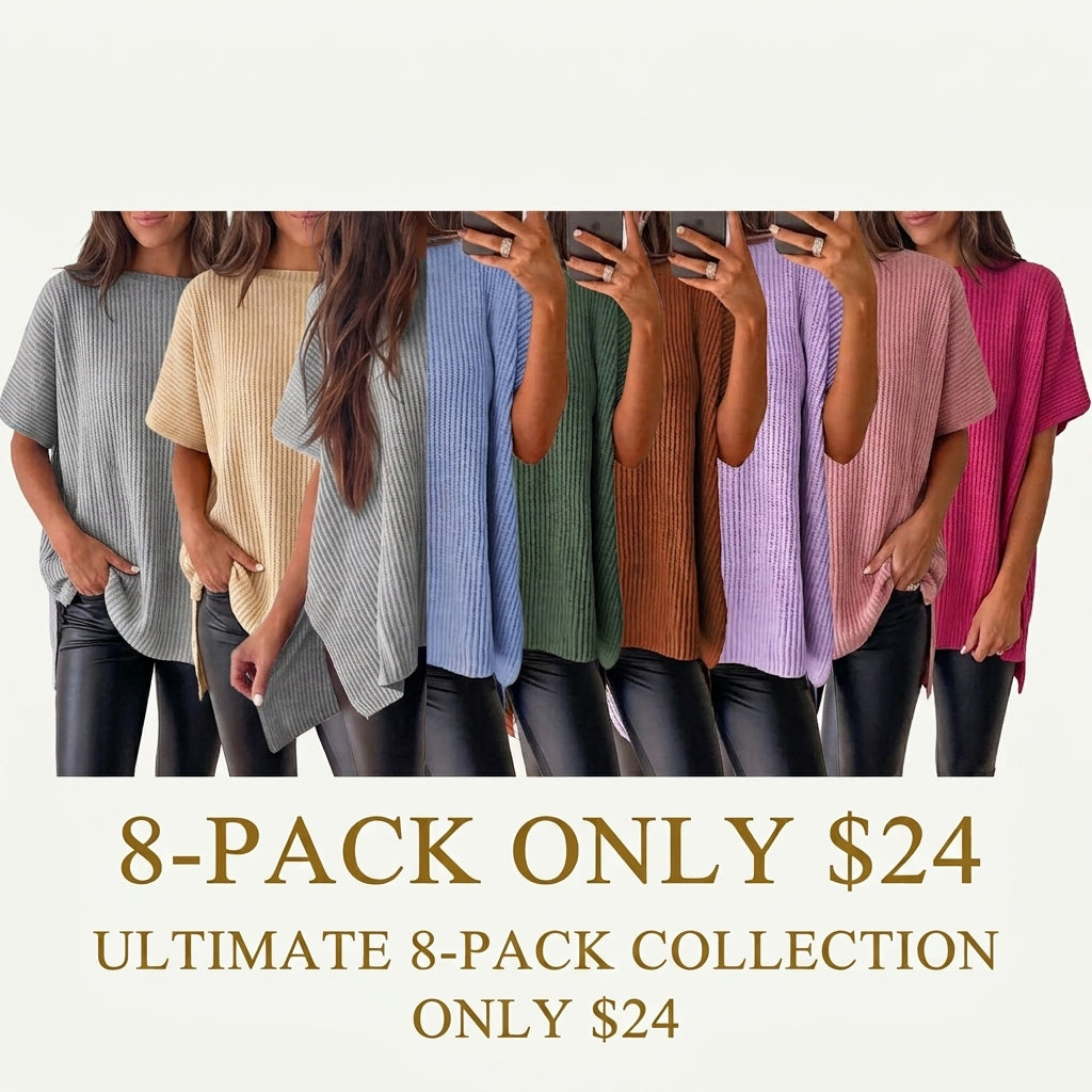 Women's Oversized Puff Short Sleeve Knit Sweater Casual Round Neck Side Slit Elegant Pullover Top