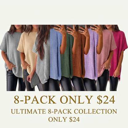 Women's Oversized Puff Short Sleeve Knit Sweater Casual Round Neck Side Slit Elegant Pullover Top