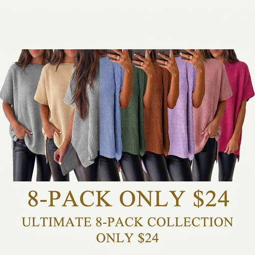 Women's Oversized Puff Short Sleeve Knit Sweater Casual Round Neck Side Slit Elegant Pullover Top