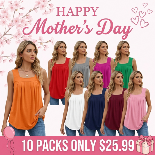 Special Sale🩷Summer Tank Tops for Women Loose Fit Pleated Square Neck Sleeveless Tops Curved Hem Flowy