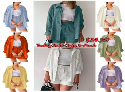 🔥Last day promotion🔥Women's Pleated Button Shirt Casual Suit（Top + vest + shorts）