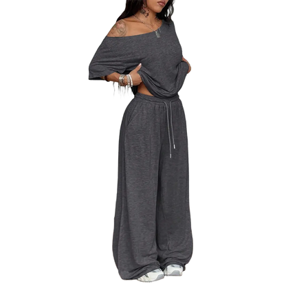 Women's Minimalist Off Shoulder T-Shirt & Wide Leg Pants Set