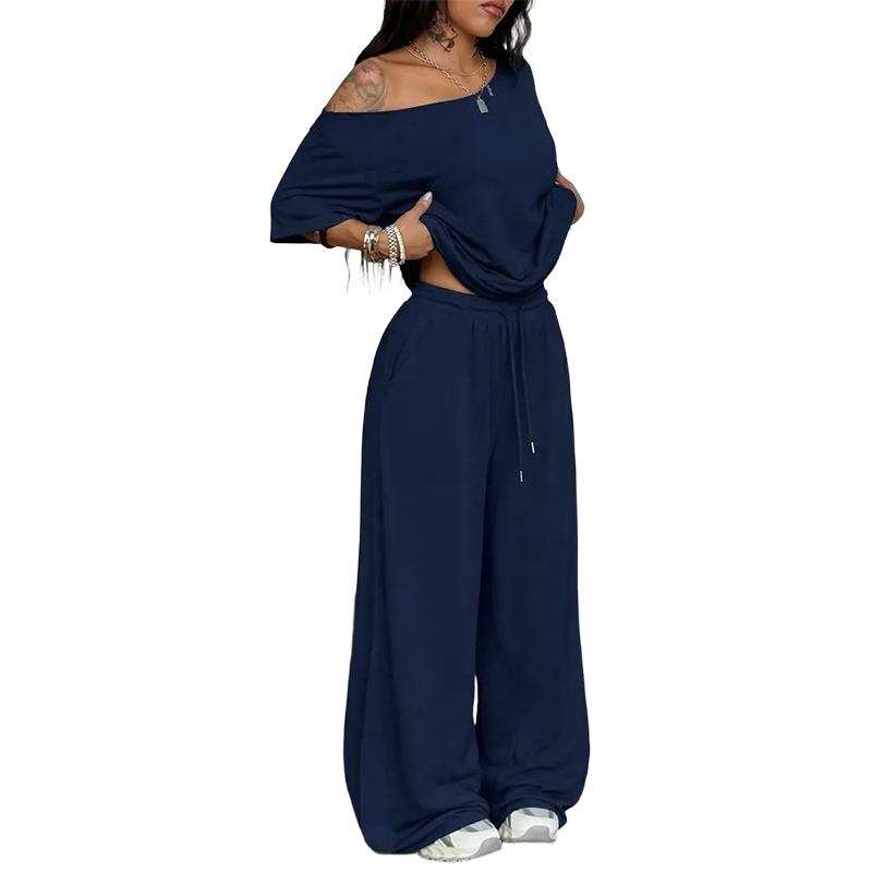 Women's Minimalist Off Shoulder T-Shirt & Wide Leg Pants Set