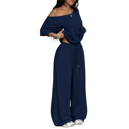 Women's Minimalist Off Shoulder T-Shirt & Wide Leg Pants Set