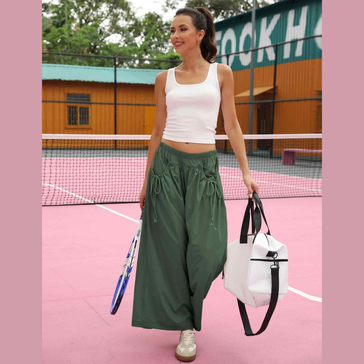 ⏰Hot Sale Women's Loose Wide Leg Track Pants Drawstring Pockets Elastic Waist Capri Hiking Pants