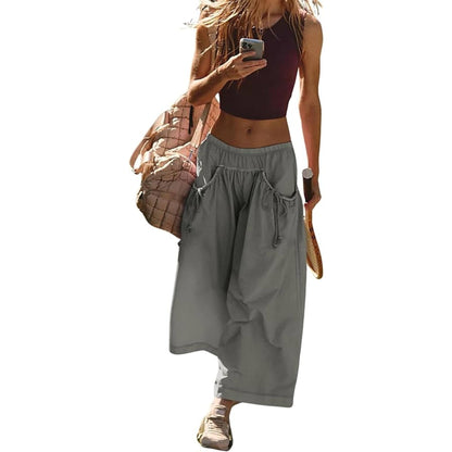 ⏰Hot Sale Women's Loose Wide Leg Track Pants Drawstring Pockets Elastic Waist Capri Hiking Pants