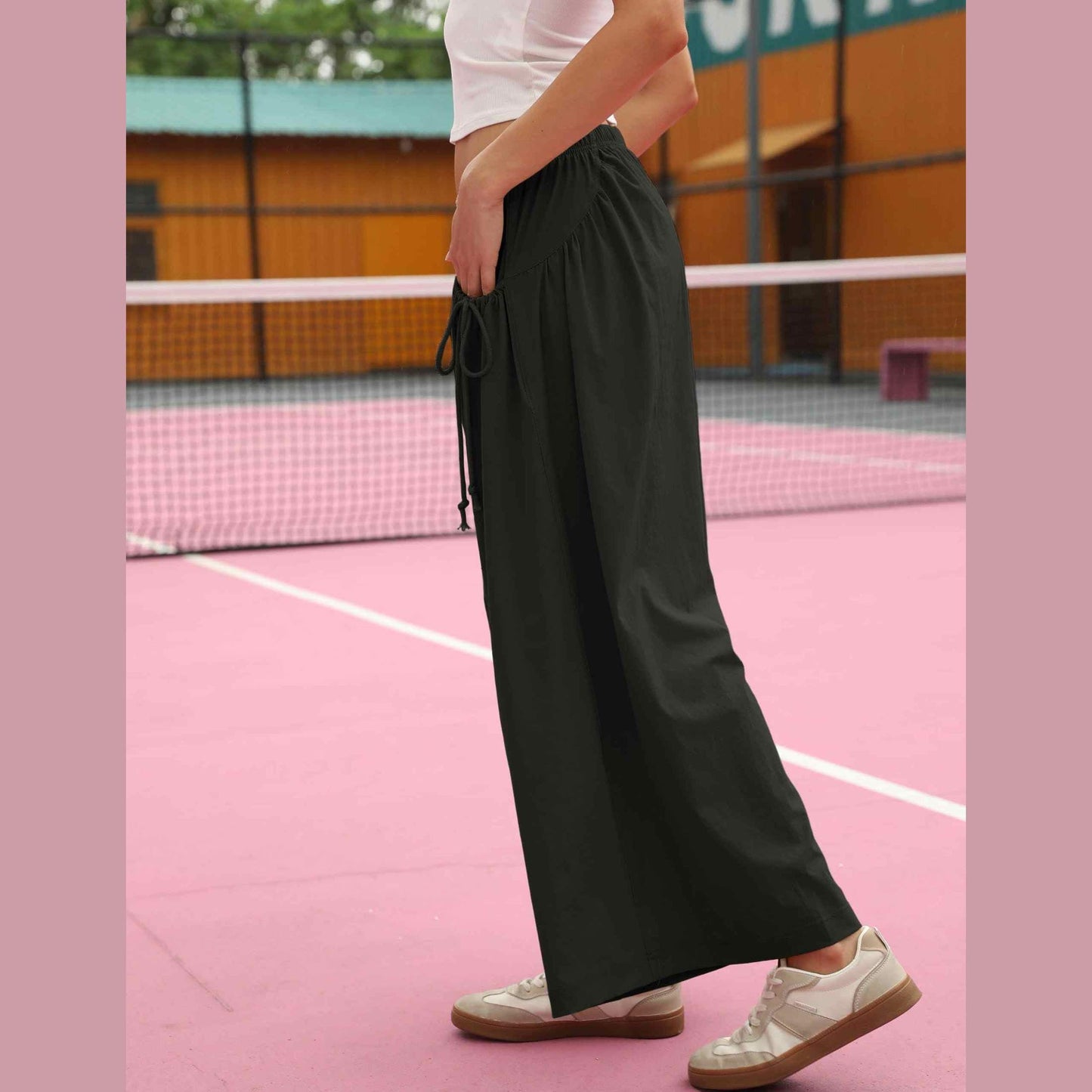 ⏰Hot Sale Women's Loose Wide Leg Track Pants Drawstring Pockets Elastic Waist Capri Hiking Pants