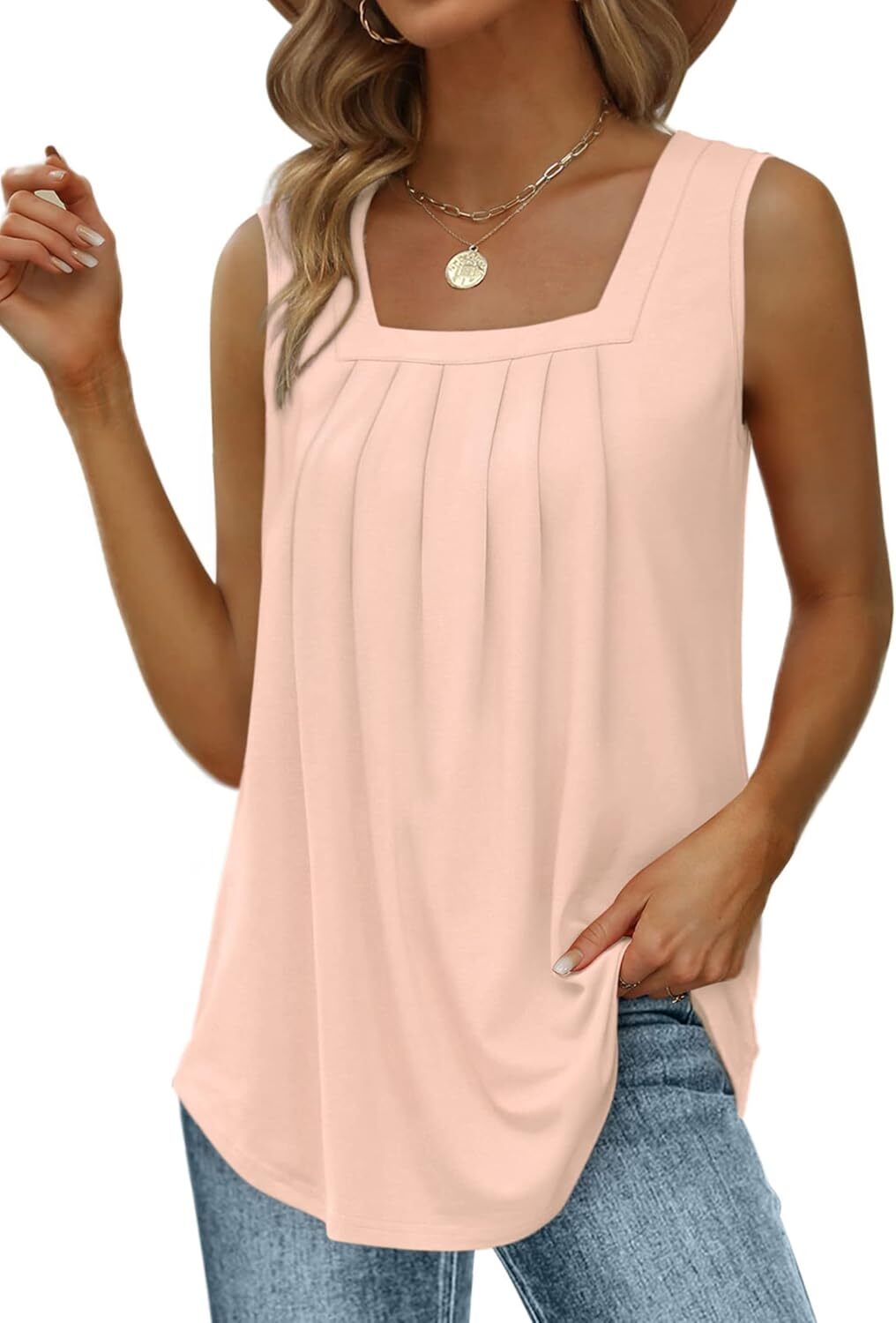 Special Sale🩷Summer Tank Tops for Women Loose Fit Pleated Square Neck Sleeveless Tops Curved Hem Flowy