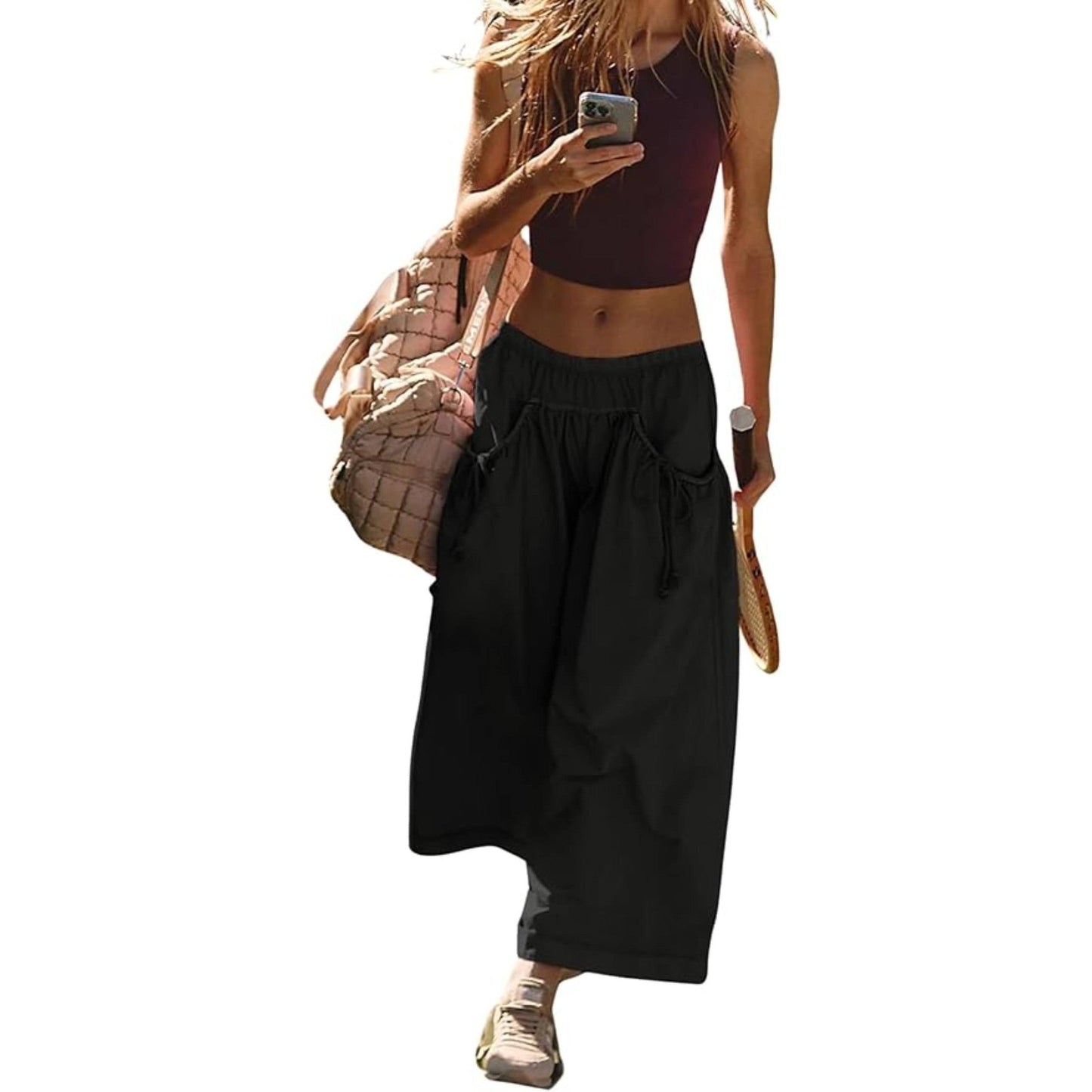 ⏰Hot Sale Women's Loose Wide Leg Track Pants Drawstring Pockets Elastic Waist Capri Hiking Pants